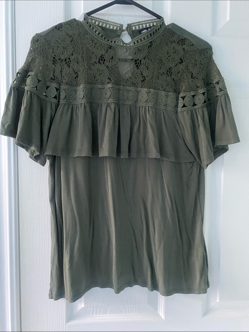 Cable & Gauge Olive Lace Yoke Ruffle Short Sleeve Top